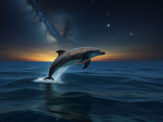 Dolphins jumping in the moonlight