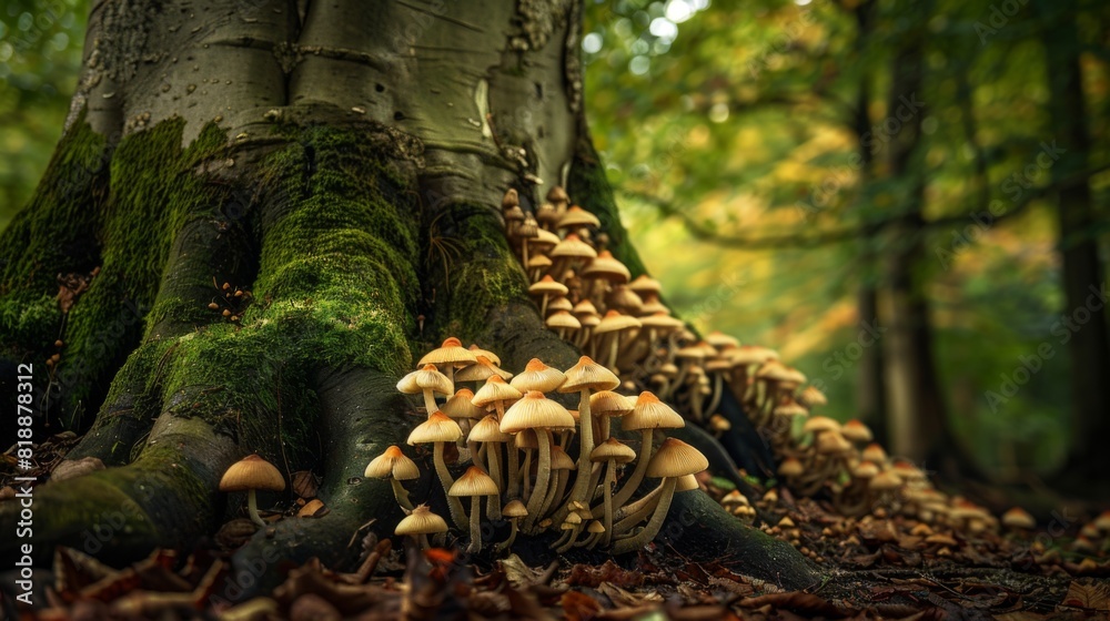 Aufkleber Mushrooms sprouting from the damp soil around the base of a towering tree
