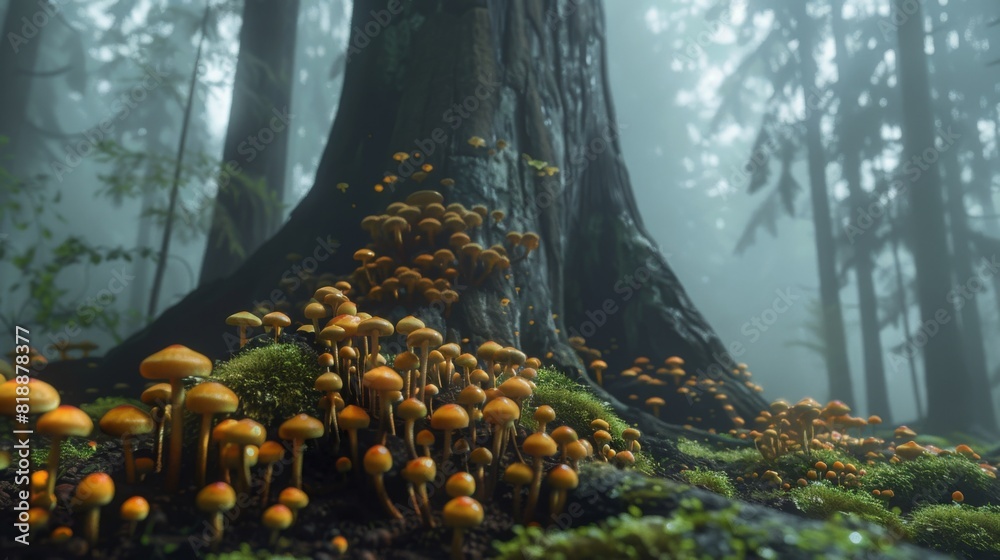 Aufkleber Mushrooms sprouting from the damp soil around the base of a towering tree