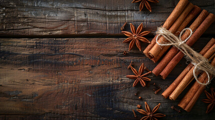 Composition with cinnamon on wooden background