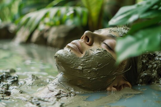 Serenity and Relaxation at the Spa: Woman Enjoying a Rejuvenating Mud Bath in a Natural Setting