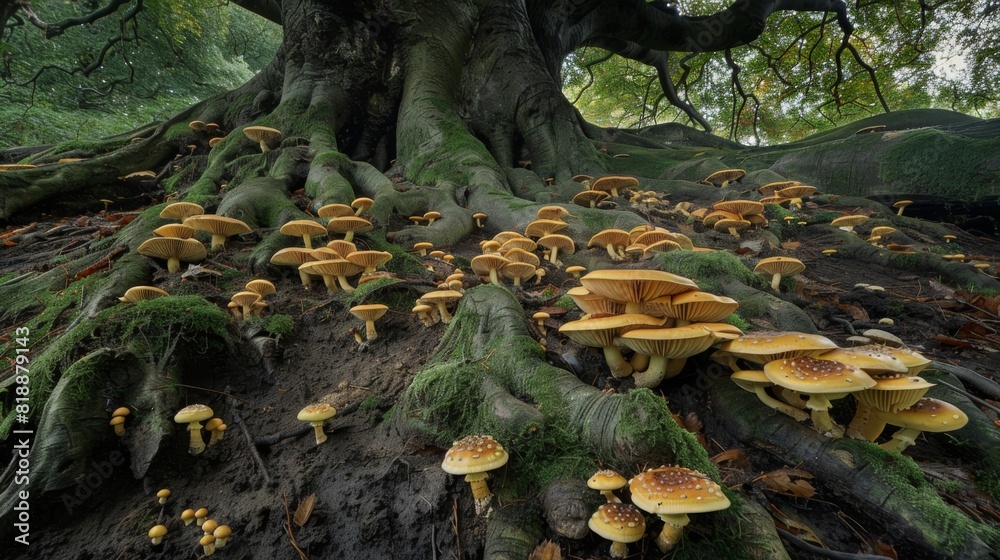 Poster mushrooms sprouting from the rich soil around the roots of an ancient tree