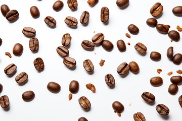 Falling coffee beans isolated on white background 