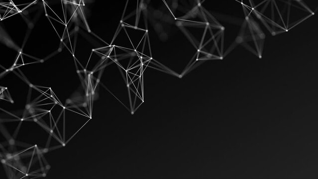Looped abstract connection of dots and lines on a black background. Black and white plexus effect. Particles and polygons fly slowly, a futuristic interweaving of digital data. Neural networks, Cellul