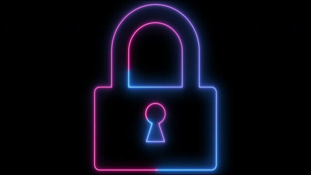 Neon Lock - 4k. Concept of cyberspace key, cyber attack, firewall, password, privacy of the network. Data security, software unlock, virus and binary code connect.