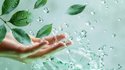 Refreshing Hydrating Gel Application with Water Droplets and Green Leaves - Ideal for Skincare Advertisements and Wellness Promotions