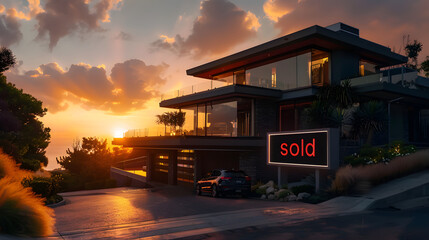 Modern Luxury House: Sold Sign Illuminated by Sunset, real estate mortgage business