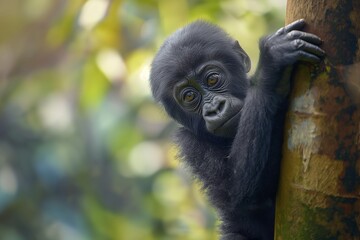 Obraz premium A cute baby gorilla clinging to a tree in a tropical jungle, looking at the camera. Blurred background. Horizontal. Space for copy. Close up.