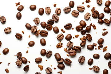 Obraz premium Falling coffee beans isolated on white background 