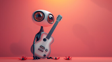 Cute robot character with big eyes and guitar, sci-fi music, minimal concept