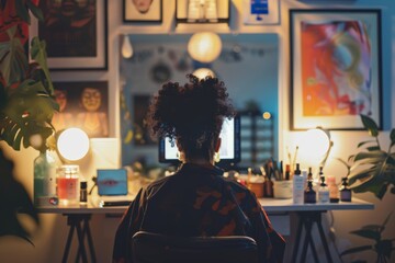 Content Creator Recording Skincare Routine for Social Media in Artistic Vanity Room Design for Influencer Marketing