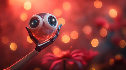 A robot hand and a disco ball with big eyes, a minimal AI party concept