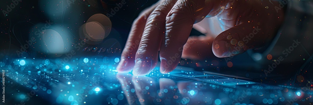 Poster a mans hands are busy typing on a laptop keyboard under the rain, focusing on social media marketing