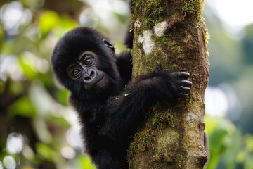 A cute baby gorilla clinging to a tree in a tropical jungle, looking at the camera. Blurred background. Horizontal. Space for copy. Close up.