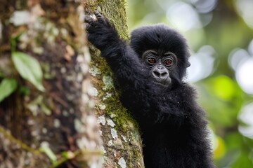 Obraz premium A cute baby gorilla clinging to a tree in a tropical jungle, looking at the camera. Blurred background. Horizontal. Space for copy. Close up.