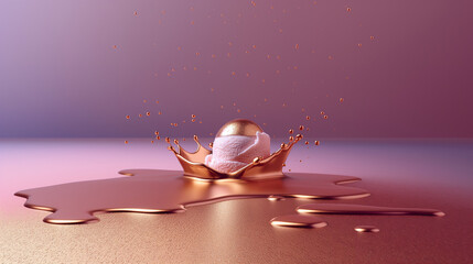 Splash of  golden ball ice cream, minimal summer concept with copy space