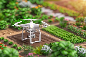 Stock photo sensor for cultivation and drone spraying tools in smart farming with drone crop management in small-scale farm layout.