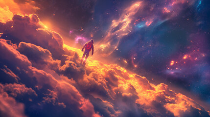 Colorful space scene with a person riding a skateboard. Skateboarding in the cosmos, colorful clouds