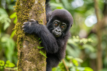 A cute baby gorilla clinging to a tree in a tropical jungle, looking at the camera. Blurred background. Horizontal. Space for copy. Close up.