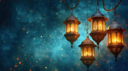 Ornate Ramadan Lanterns Glowing Against a Starry Night Sky.