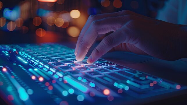 Close-up of a persons hand typing on a keyboard in a dimly lit room, focusing on futuristic social media marketing work on a laptop. Generative AI