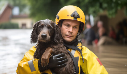 A male rescuer, emergency responder in a waterproof suit and helmet carrying and saving a dog during a flood.