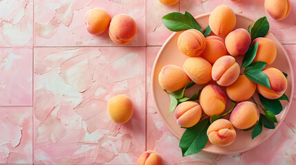 Board and plate with fresh apricots on pink tile background