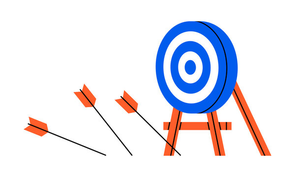 Hand drawn cute illustration of arrow miss target. Flat vector failure shot doodle. Wrong strategy icon. Unsuccessful attempt. Find problem solution. Lost opportunity. Lose in competition. Isolated.