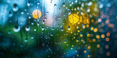raindrops on a window. rainy day background. bokeh and blur.