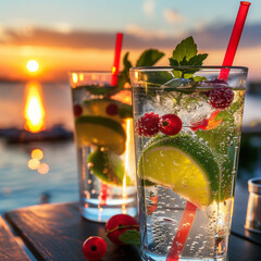 
Under the balmy sun, a frosty glass brimming with the vibrant hues of a Mojito cocktail rests gently on warm sands, its mint leaves delicately garnishing the rim. 