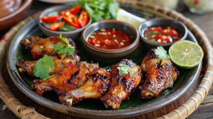 Fototapeta premium Plate of crispy grilled chicken wings with chili and lime