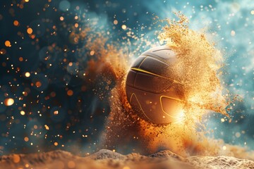 Explosive Beach Volleyball Impact - Dynamic 3D Sand Particle Burst Sports Illustration Concept for...