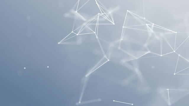 Looping airy abstract connection of dots and lines on a light blue background. Cool light plexus effect. White particles and polygons slowly fly, a futuristic plexus of digital data. Neural networks, 