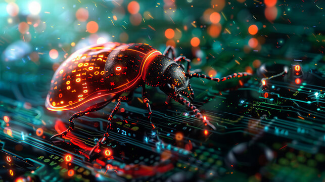 Close up view of computer bug perched on microchip symbolizing threat of software bugs and elusive vulnerabilities in software security, critical bug in computer system