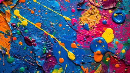 abstract photo of vibrant paint splatters and drips on textured canvas capturing dynamic movement