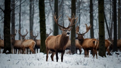 Fototapeta premium Majestic Horned Deers A Captivating Glimpse into their Natural Forest Habitat