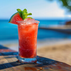 Beneath the sweltering sun, a vibrant scene unfolds on the sandy shores of a tranquil beach. A refreshing cocktail adorned with succulent cubes of watermelon rests upon a weathered wooden table