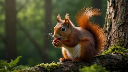 Obraz premium A squirrel is eating a nut on a tree