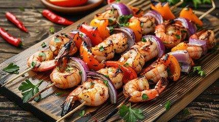 Board with grilled shrimp skewers on wooden background