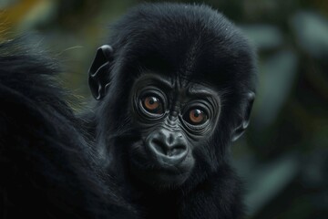 Obraz premium A cute baby gorilla clinging to its mother's back. Blurred background. Horizontal. Space for copy. Close up.