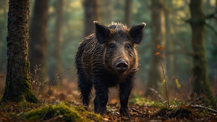 Image of Wild Boar Walking In Forest Background