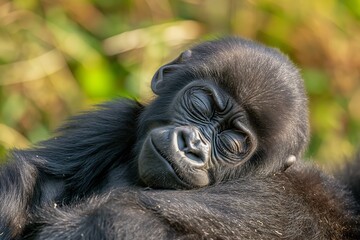 Obraz premium A cute baby gorilla clinging to its mother's back. Blurred background. Horizontal. Space for copy. Close up.