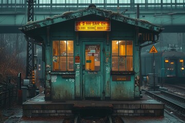 Obraz premium Train Station Ticket Booth A vintage-style ticket booth at a train station, evoking a sense of nostalgia