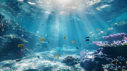 Underwater sea in blue sunlight.
