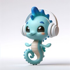 cute 3D funny cartoon Seahorse with small wireless headphone on head smiling and dancing, white background