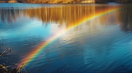 Rainbow reflected in the calm waters of a lake, enhancing the tranquility of the scene
