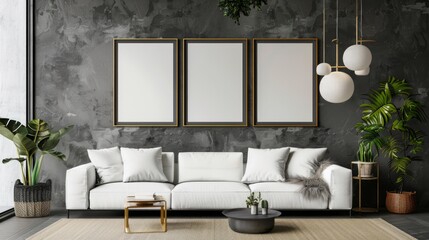 Interior frame mockup on gray wall with white sofa.