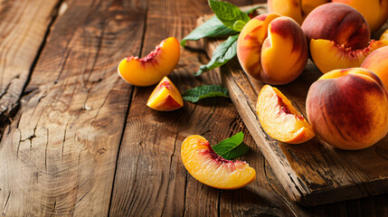 Board with sliced peaches on wooden table