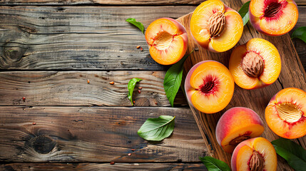 Board with sliced peaches on wooden table