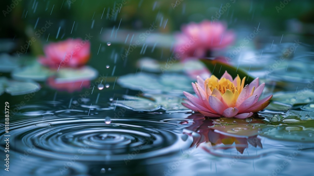 Poster Raindrops creating mesmerizing ripples on the surface of a pond filled with lotus blooms